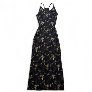 Vintage A.N.N.A Black maxi dress with gold and brown bamboo leaf print